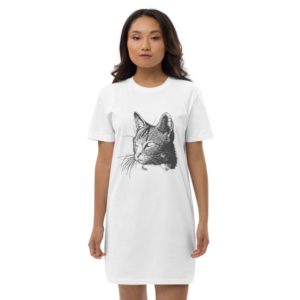 Organic cotton t-shirt dress - cat drawing